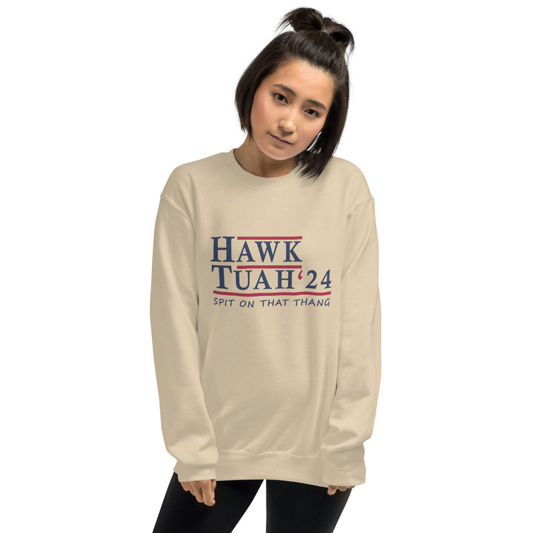 Hawk Tuah Spit On That Thang Voter Sweatshirt in SAND Color Women1-Mockup