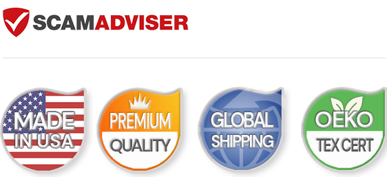 Trust Badges: ScamAdvisor - Gildan Premium Quality - Global Shipping - Oeko-Tex 100 Cert fabrics