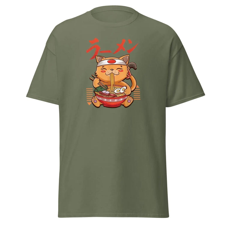 Adorable Chibi Cat Classic Tee in Military Green Color - Ghost mockup