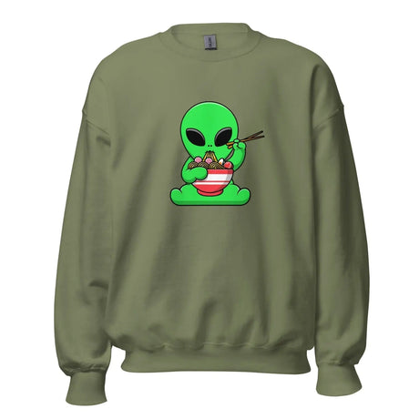 Alien Ramen Noodles Premium Sweatshirt in Military Green Color - Ghost mockup