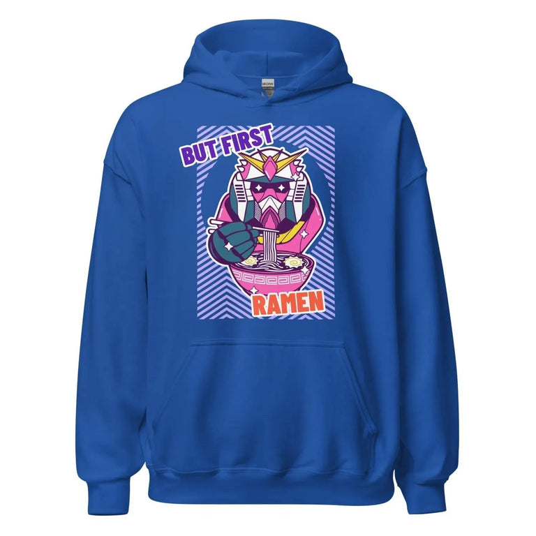 But First Ramen Chibi Robot Premium Hoodie in Royal Color - Ghost mockup