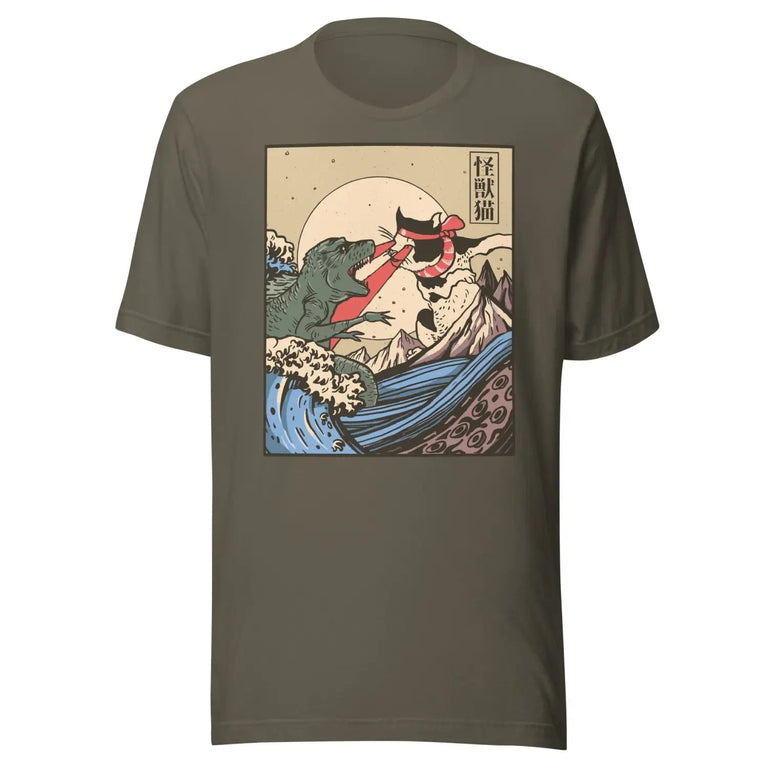 Cat Godzilla Battle Premium Tee in Army Color - Ghost mockup