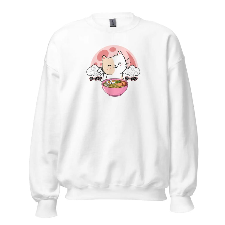 Chibi Cat Eating Ramen Premium Sweatshirt in White Color - Ghost mockup