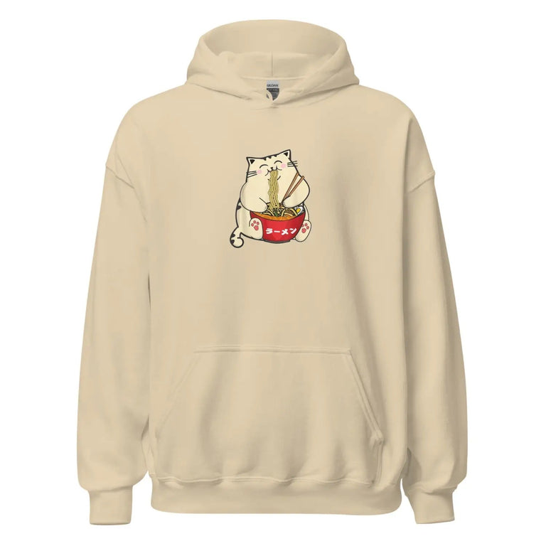 Cute Cat Eating Ramen Hoodie in Sand Color - Ghost mockup