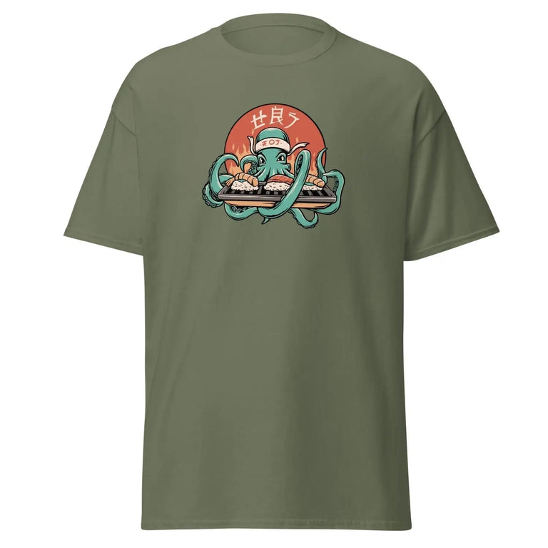 Kraken Sushi Feast Classic Tee in Military Green Color - Ghost mockup