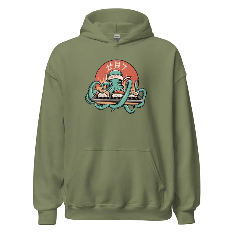 Kraken Sushi Feast Premium Hoodie in Military Green Color - Ghost mockup