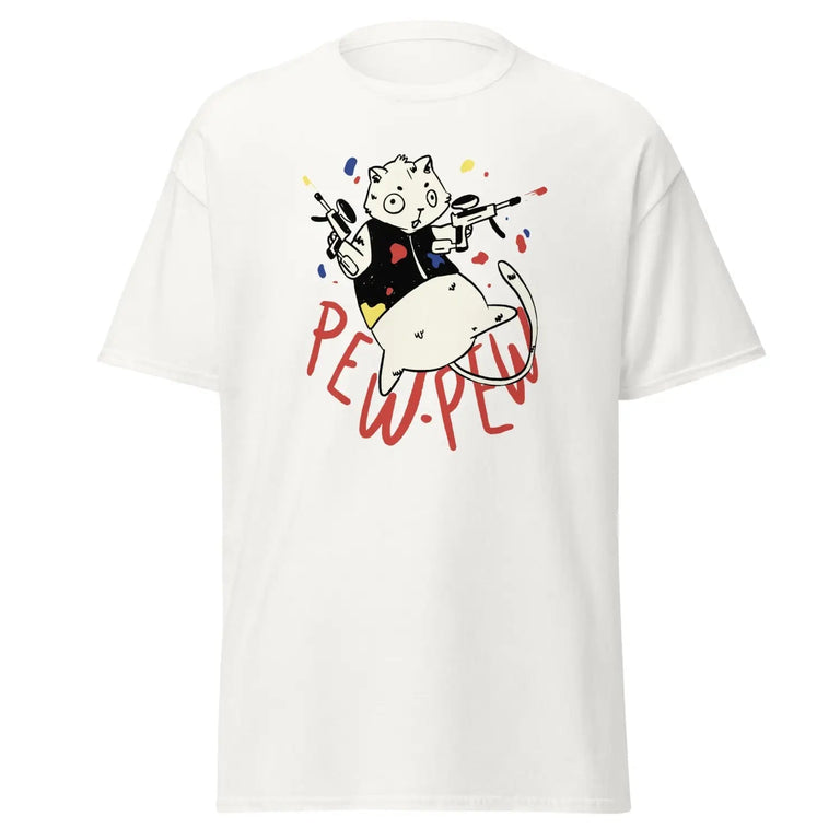 Paintball Cat Pew Pew Action Classic Tee in White Color - Ghost mockup