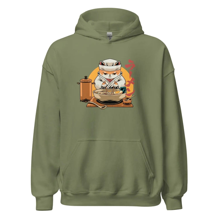 Ramen Delight Whisker Chef Premium Hoodie in Military Green Color - Ghost mockup