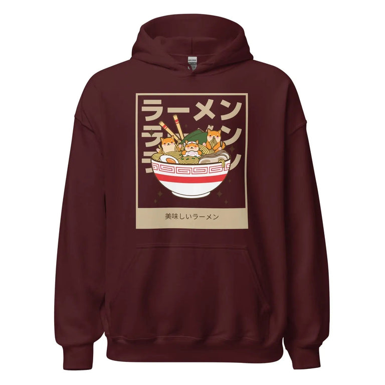 Shiba Pup Noodle Bowl Premium Hoodie in Maroon Color - Ghost mockup