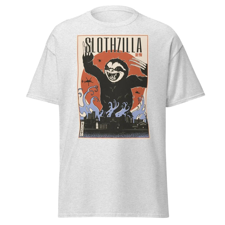 Slothzilla Movie Poster Classic Tee in Ash Color - Ghost mockup