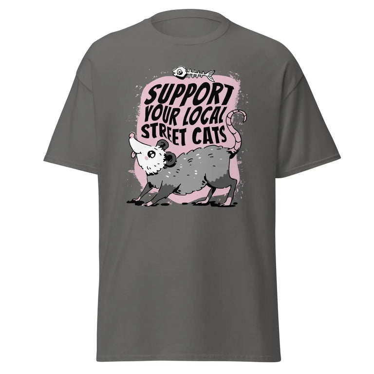 Support Your Local Street Cats Classic Tee in Charcoal Color - Ghost mockup