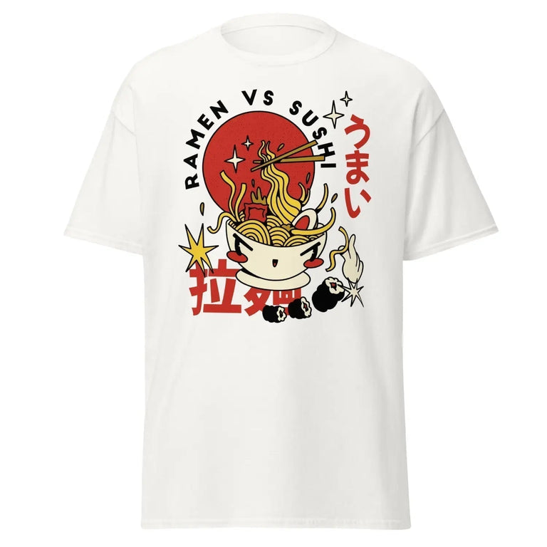 Sushi And Ramen Clash Classic Tee in White Color - Ghost mockup